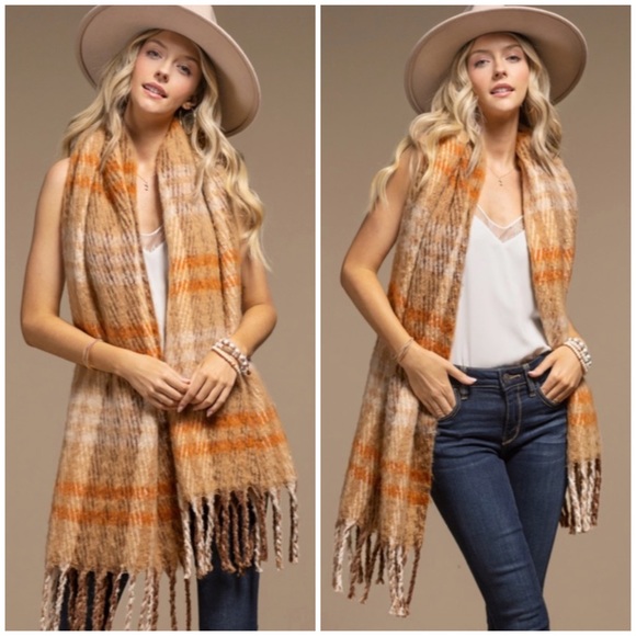 Toffee Plaid Soft Plush Oblong Scarf w/ Tassel Fringe Women's Casual - Picture 1 of 7